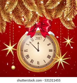 Gold glitter Vector 2017 Happy New Year background with gold clock and christmas decoration ornament with Christmas star. Card with glitter gold 2017 watch. Luxury Premium greeting card. Vector