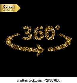 Gold glitter vector icon of 360 degrees isolated on background. Art creative concept illustration for web, glow light confetti, bright sequins, sparkle tinsel, abstract bling, shimmer dust, foil.