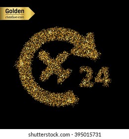 Gold glitter vector icon of airplane isolated on background. Art creative concept illustration for web, glow light confetti, bright sequins, sparkle tinsel, bling logo, shimmer dust, foil.