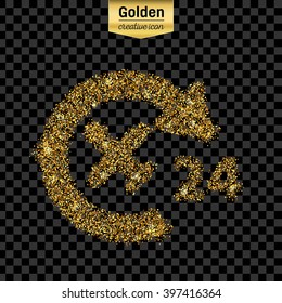 Gold glitter vector icon of airplane isolated on background. Art creative concept illustration for web, glow light confetti, bright sequins, sparkle tinsel, bling logo, shimmer dust, foil.