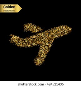 Gold glitter vector icon of airplane isolated on background. Art creative concept illustration for web, glow light confetti, bright sequins, sparkle tinsel, abstract bling, shimmer dust, foil.