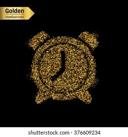 Gold glitter vector icon of alarm clock isolated on background. Art creative concept illustration for web, glow light confetti, bright sequins, sparkle tinsel, abstract bling, shimmer dust, foil.