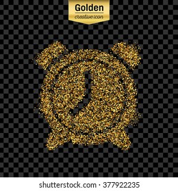 Gold glitter vector icon of alarm clock isolated on background. Art creative concept illustration for web, glow light confetti, bright sequins, sparkle tinsel, abstract bling, shimmer dust, foil.