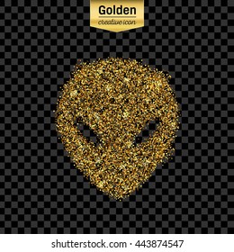 Gold glitter vector icon of alien isolated on background. Art creative concept illustration for web, glow light confetti, bright sequins, sparkle tinsel, abstract bling, shimmer dust, foil.