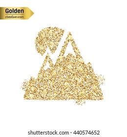 Gold glitter vector icon of alps isolated on background. Art creative concept illustration for web, glow light confetti, bright sequins, sparkle tinsel, abstract bling, shimmer dust, foil.