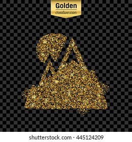 Gold glitter vector icon of alps isolated on background. Art creative concept illustration for web, glow light confetti, bright sequins, sparkle tinsel, abstract bling, shimmer dust, foil.