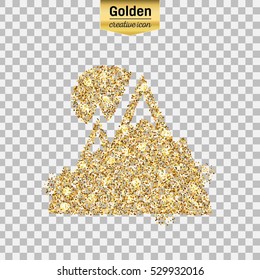 Gold glitter vector icon of alps isolated on background. Art creative concept illustration for web, glow light confetti, bright sequins, sparkle tinsel, abstract bling, shimmer dust, foil.