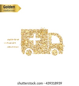 Gold glitter vector icon of ambulance isolated on background. Art creative concept illustration for web, glow light confetti, bright sequins, sparkle tinsel, abstract bling, shimmer dust, foil.