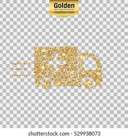 Gold glitter vector icon of ambulance isolated on background. Art creative concept illustration for web, glow light confetti, bright sequins, sparkle tinsel, abstract bling, shimmer dust, foil.