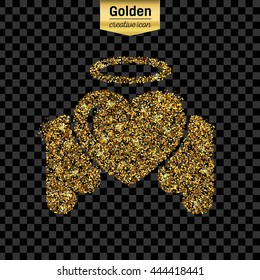 Gold glitter vector icon of angel heart isolated on background. Art creative concept illustration for web, glow light confetti, bright sequins, sparkle tinsel, abstract bling, shimmer dust, foil.