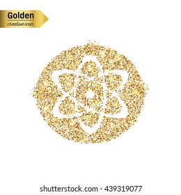 Gold glitter vector icon of atom isolated on background. Art creative concept illustration for web, glow light confetti, bright sequins, sparkle tinsel, abstract bling, shimmer dust, foil.