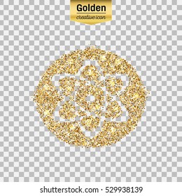 Gold glitter vector icon of atom isolated on background. Art creative concept illustration for web, glow light confetti, bright sequins, sparkle tinsel, abstract bling, shimmer dust, foil.