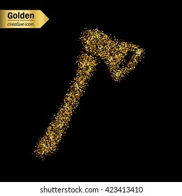 Gold glitter vector icon of axe isolated on background.