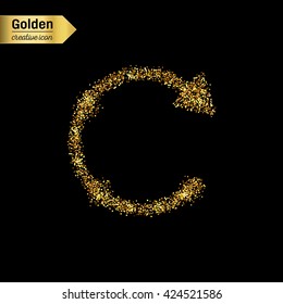Gold glitter vector icon of back arrow isolated on background. Art creative concept illustration for web, glow light confetti, bright sequins, sparkle tinsel, abstract bling, shimmer dust, foil.