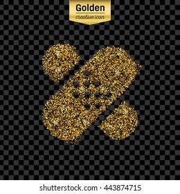 Gold glitter vector icon of bandaid isolated on background. Art creative concept illustration for web, glow light confetti, bright sequins, sparkle tinsel, abstract bling, shimmer dust, foil.