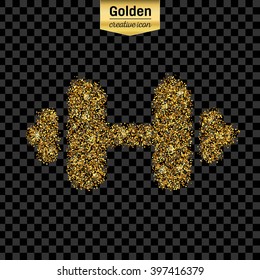 Gold glitter vector icon of barbell isolated on background. Art creative concept illustration for web, glow light confetti, bright sequins, sparkle tinsel, bling logo, shimmer dust, foil.
