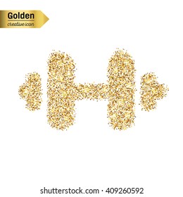 Gold glitter vector icon of barbell isolated on background.