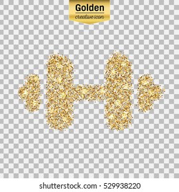 Gold glitter vector icon of barbell isolated on background. Art creative concept illustration for web, glow light confetti, bright sequins, sparkle tinsel, bling logo, shimmer dust, foil.
