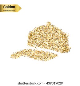 Gold glitter vector icon of baseball cap isolated on background. Art creative concept illustration for web, glow light confetti, bright sequins, sparkle tinsel, abstract bling, shimmer dust, foil.