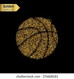Gold glitter vector icon of basket ball isolated on background. Art creative concept illustration for web, glow light confetti, bright sequins, sparkle tinsel, abstract bling, shimmer dust, foil.