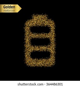 Gold glitter vector icon of battery isolated on background. Art creative concept illustration for web, glow light confetti, bright sequins, sparkle tinsel, abstract bling, shimmer dust, foil.