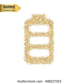 Gold glitter vector icon of battery isolated on background. Art creative concept illustration for web, glow light confetti, bright sequins, sparkle tinsel, abstract bling, shimmer dust, foil