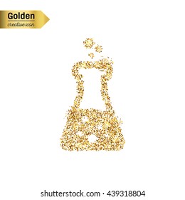 Gold glitter vector icon of beaker isolated on background. Art creative concept illustration for web, glow light confetti, bright sequins, sparkle tinsel, abstract bling, shimmer dust, foil.