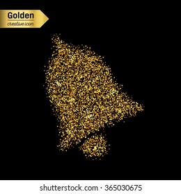 Gold glitter vector icon of bell isolated on background. Art creative concept illustration for web, glow light confetti, bright sequins, sparkle tinsel, abstract bling, shimmer dust, foil.