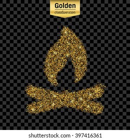 Gold glitter vector icon of bonfire isolated on background. Art creative concept illustration for web, glow light confetti, bright sequins, sparkle tinsel, bling logo, shimmer dust, foil.