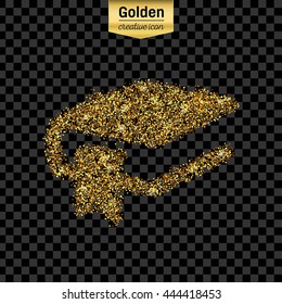 Gold glitter vector icon of book with a bookmark isolated on background. Art creative concept illustration for web, glow light confetti, bright sequins, sparkle tinsel, abstract bling, shimmer dust.