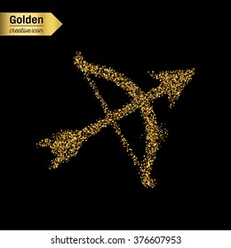 Gold glitter vector icon of bow with arrows isolated on background. Art creative concept illustration for web, glow light confetti, bright sequins, sparkle tinsel, abstract bling, shimmer dust, foil.