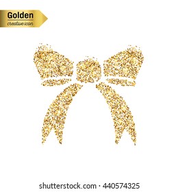 Gold glitter vector icon of bow tie isolated on background. Art creative concept illustration for web, glow light confetti, bright sequins, sparkle tinsel, abstract bling, shimmer dust, foil.