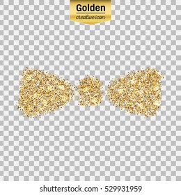 Gold glitter vector icon of bow tie isolated on background. Art creative concept illustration for web, glow light confetti, bright sequins, sparkle tinsel, abstract bling, shimmer dust, foil.