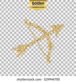 Gold glitter vector icon of bow with arrows isolated on background. Art creative concept illustration for web, glow light confetti, bright sequins, sparkle tinsel, abstract bling, shimmer dust, foil.