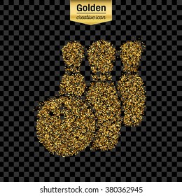 Gold glitter vector icon of Bowling isolated on background. Art creative concept illustration for web, glow light confetti, bright sequins, sparkle tinsel, abstract bling, shimmer dust, foil.