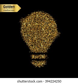Gold glitter vector icon of bulb isolated on background. Art creative concept illustration for web, glow light confetti, bright sequins, sparkle tinsel, abstract bling, shimmer dust, foil.