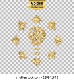 Gold glitter vector icon of bulb with arrows isolated on background. Art creative concept illustration for web, glow light confetti, bright sequins, sparkle tinsel, bling logo, shimmer dust, foil.
