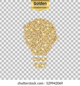 Gold glitter vector icon of bulb isolated on background. Art creative concept illustration for web, glow light confetti, bright sequins, sparkle tinsel, abstract bling, shimmer dust, foil.