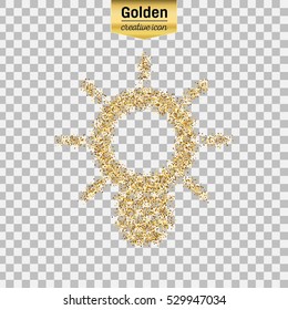 Gold glitter vector icon of bulb camera isolated on background. Art creative concept illustration for web, glow light confetti, bright sequins, sparkle tinsel, abstract bling, shimmer dust, foil.
