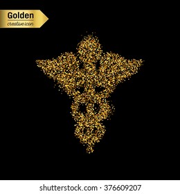 Gold glitter vector icon of caduceus isolated on background. Art creative concept illustration for web, glow light confetti, bright sequins, sparkle tinsel, abstract bling, shimmer dust, foil.