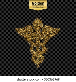 Gold glitter vector icon of caduceus isolated on background. Art creative concept illustration for web, glow light confetti, bright sequins, sparkle tinsel, abstract bling, shimmer dust, foil.