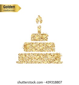 Gold glitter vector icon of cake isolated on background. Art creative concept illustration for web, glow light confetti, bright sequins, sparkle tinsel, abstract bling, shimmer dust, foil.