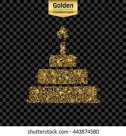 Gold glitter vector icon of cake isolated on background. Art creative concept illustration for web, glow light confetti, bright sequins, sparkle tinsel, abstract bling, shimmer dust, foil.