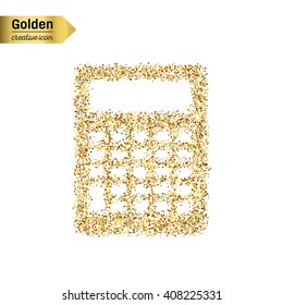 Gold glitter vector icon of calculator isolated on background. Art creative concept illustration for web, glow light confetti, bright sequins, sparkle tinsel, abstract bling, shimmer dust, foil