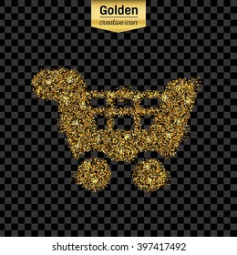 Gold glitter vector icon of cart isolated on background. Art creative concept illustration for web, glow light confetti, bright sequins, sparkle tinsel, abstract bling, shimmer dust, foil.