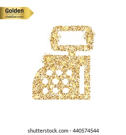 Gold glitter vector icon of cash register isolated on background. Art creative concept illustration for web, glow light confetti, bright sequins, sparkle tinsel, abstract bling, shimmer dust, foil.