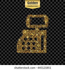 Gold glitter vector icon of cash register isolated on background. Art creative concept illustration for web, glow light confetti, bright sequins, sparkle tinsel, abstract bling, shimmer dust, foil.