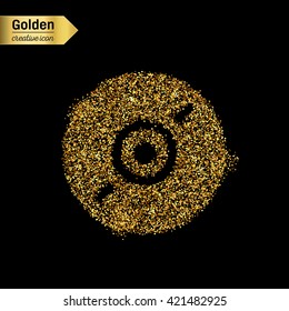 Gold glitter vector icon of CD disk isolated on background. Art creative concept illustration for web, glow light confetti, bright sequins, sparkle tinsel, abstract bling, shimmer dust, foil.