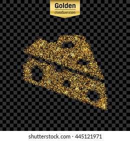 Gold glitter vector icon of cheese isolated on background. Art creative concept illustration for web, glow light confetti, bright sequins, sparkle tinsel, abstract bling, shimmer dust, foil.