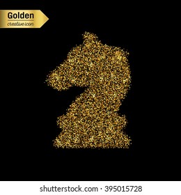 Gold glitter vector icon of chess knight scales isolated on background. Art creative concept illustration for web, glow light confetti, bright sequins, sparkle tinsel, bling logo, shimmer dust, foil.